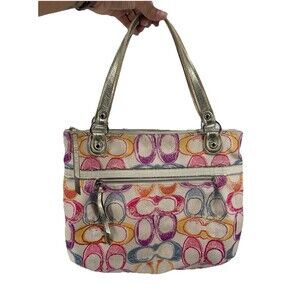 SOLD Coach Poppy C Glam Dream Y2K Canvas Gold Leather Tote Purse Bag 19023